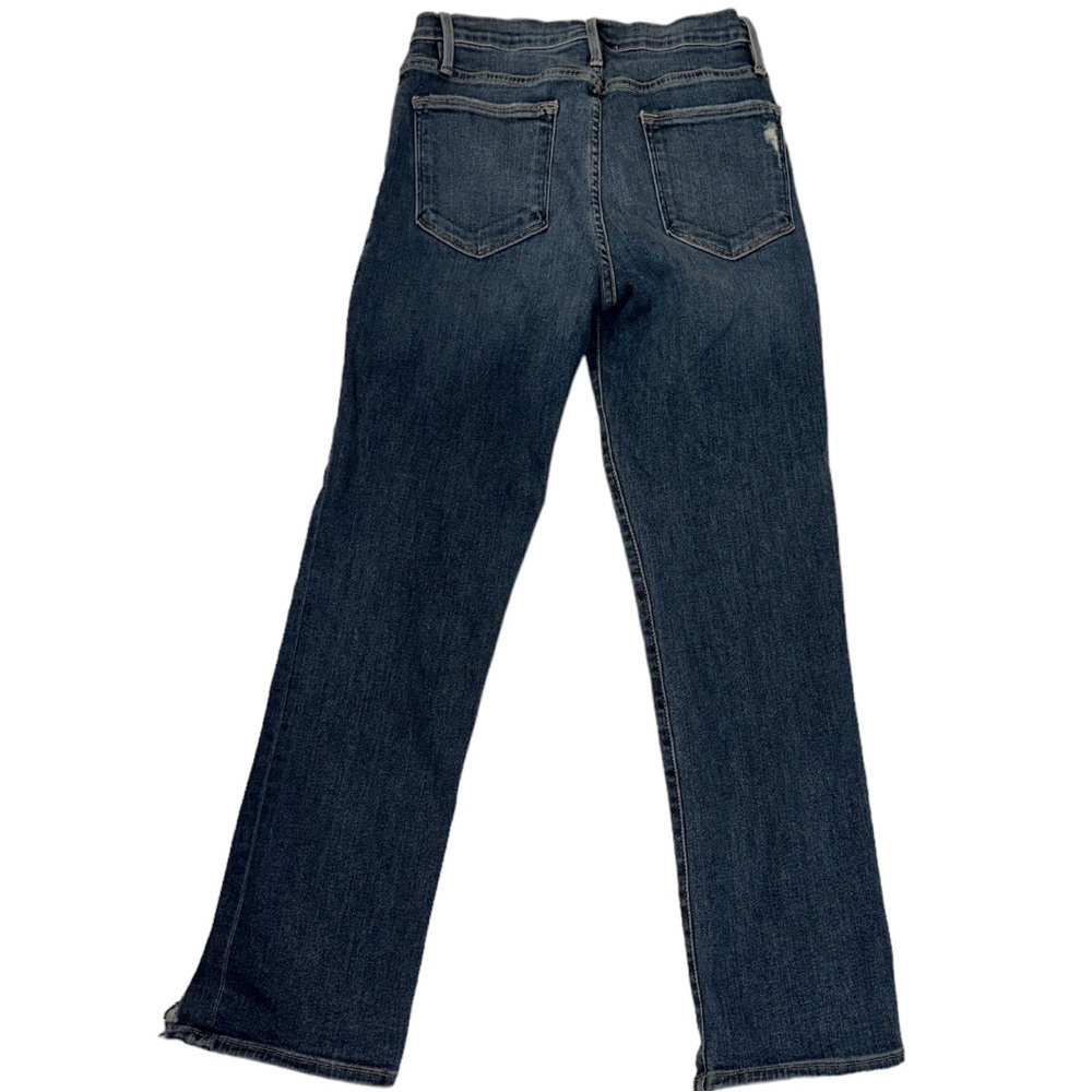 Frame Le High Straight Raw Shark Bite Hem Distressed Fading Whiskering Stretchy